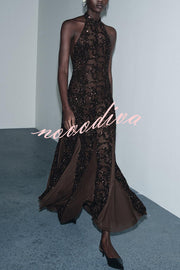 Twilight Gleam Sequin Textured Tulle Hem Halter Backless Maxi Dress