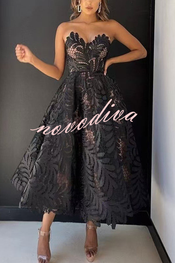 Elegant Openwork Lace Strapless Full-hem Midi Dress