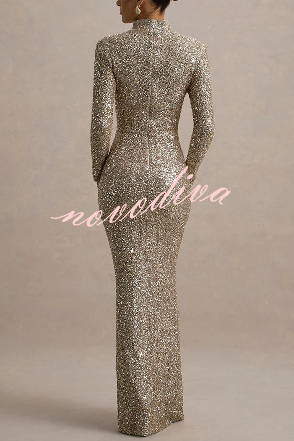 Galaxy Premium Sequin Turtle Neck Long Sleeve Maxi Dress