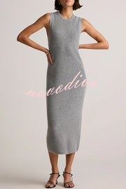 Soft and Warm Cashmere Ribbed Knit Sleeveless Midi Sweater Dress