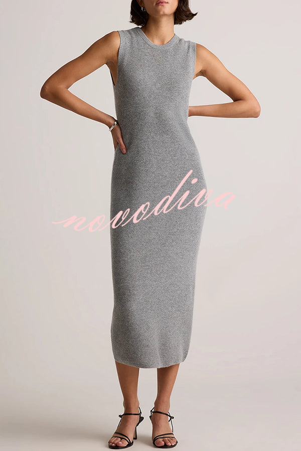 Soft and Warm Cashmere Ribbed Knit Sleeveless Midi Sweater Dress