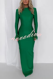 Solid Color Round Neck Ostrich Feather Long Sleeve Slim Maxi Dress