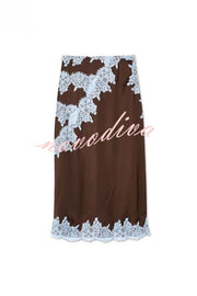 Sunday Social Contrast Color Satin Lace Trim Mid Rise Maxi Skirt
