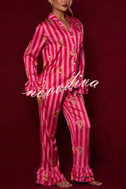 Festive Season Long Candy Stripe Tiered Bell Cuffs Elastic Waist Pocketed Pajama Set