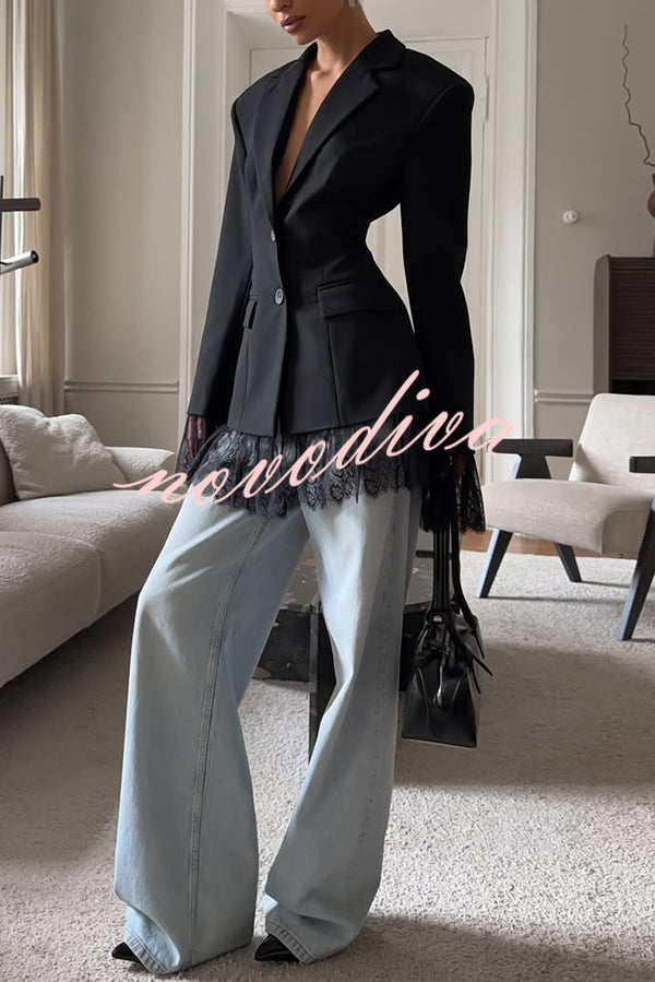 Solid Color Lace Panel Long Sleeve Button Elegant Blazer