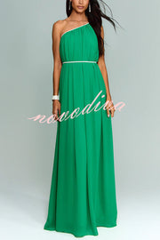 Elly One Shoulder Rhinestone Details Removable Belt A-line Maxi Dress