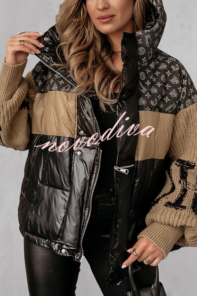 Stylish Denim Knit Long-sleeved Patchwork Hooded Pocket Thickened Jacket