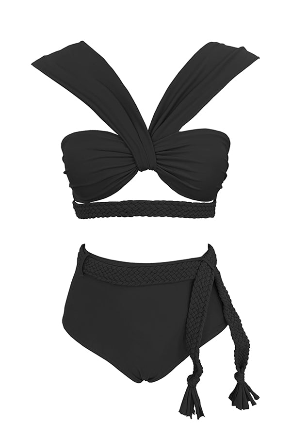 Solid Color Braided Rope High Waist Stretch Two-piece Bikini Swimsuit