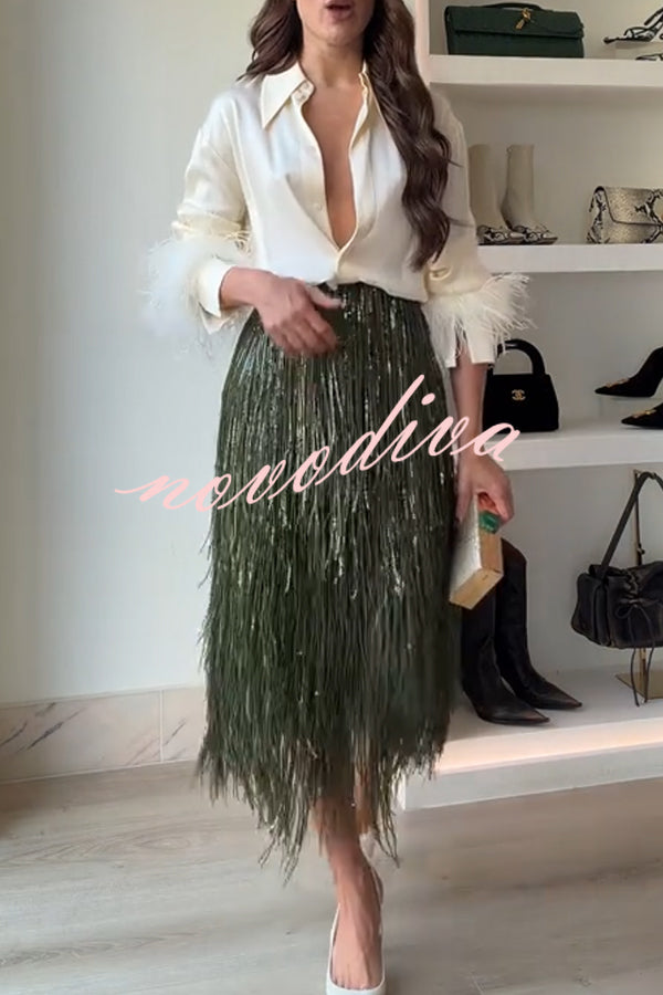 Party Crasher Layered Sequined Tassels High Rise Back Zipper Midi Skirt