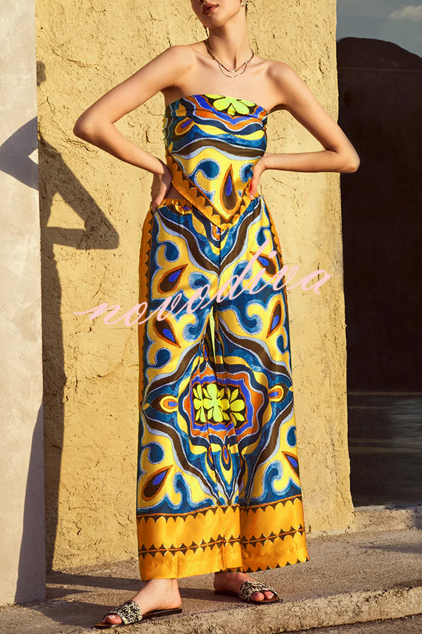Ethnic Style Unique Print Tube Top and Elastic Waist Casual Pocket Wide Leg Pants Set