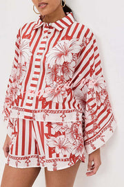 Like Paradise Floral Print Wide Sleeve Shirt and Elastic Waist Pocketed Shorts Set