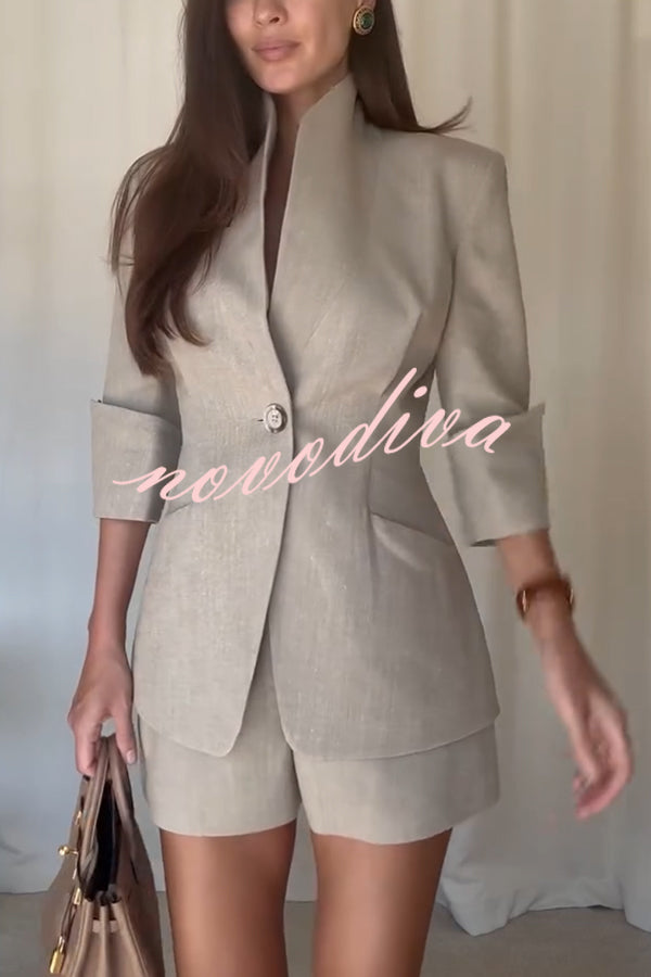 Devora Linen Blend Stand Lapel Neck Half Sleeve Button Pocket Blazer and High Rise Shorts Set