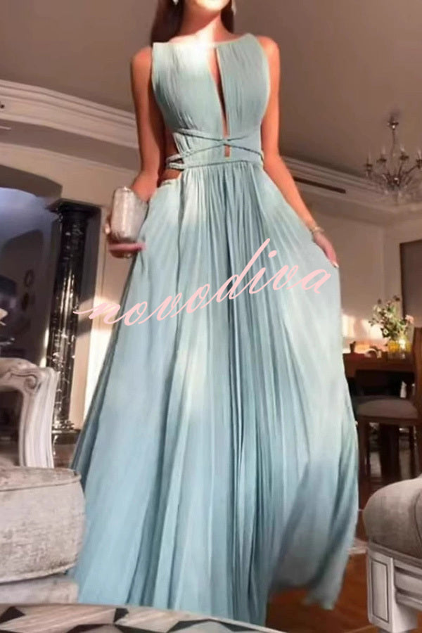 Sexy Sleeveless Open Back Cord Pleated Maxi Dress