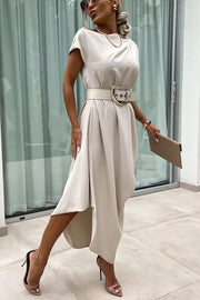 Extraordinary Cut Asymmetrical Short Sleeve Belted Loose Midi Dress