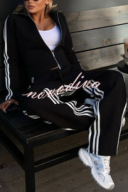 Fashionable Sports Style Striped Long-sleeved Jacket and Elastic Waist Casual Pants Set