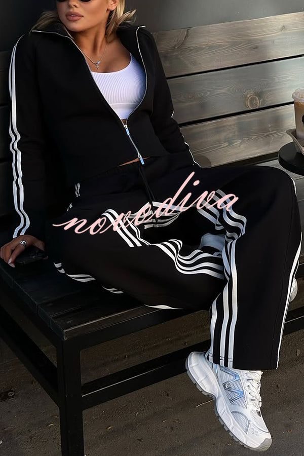 Fashionable Sports Style Striped Long-sleeved Jacket and Elastic Waist Casual Pants Set