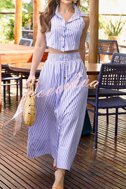 Stripe Print Lapel Sleeveless Button Top and Elastic Waist Casual Maxi Skirt Set
