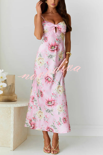 Sun Drenched Shores Satin Floral Print Cutout Bust Slip Midi Dress