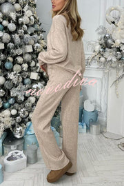 Solid Color Casual Knitted High Neck Long Sleeve Top and Elastic Waist Loose Pants Set