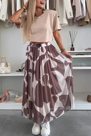 Colorblock Print Elastic Waist Relaxed Tulle Maxi Skirt