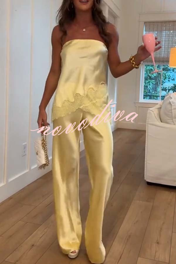 Odessa Satin Floral Lace Hem Strapless Tank and Mid Rise Wide Leg Pants Set