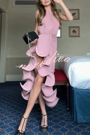 Solid Color Sleeveless Waist Tie Irregular Ruffle Slim Midi Dress