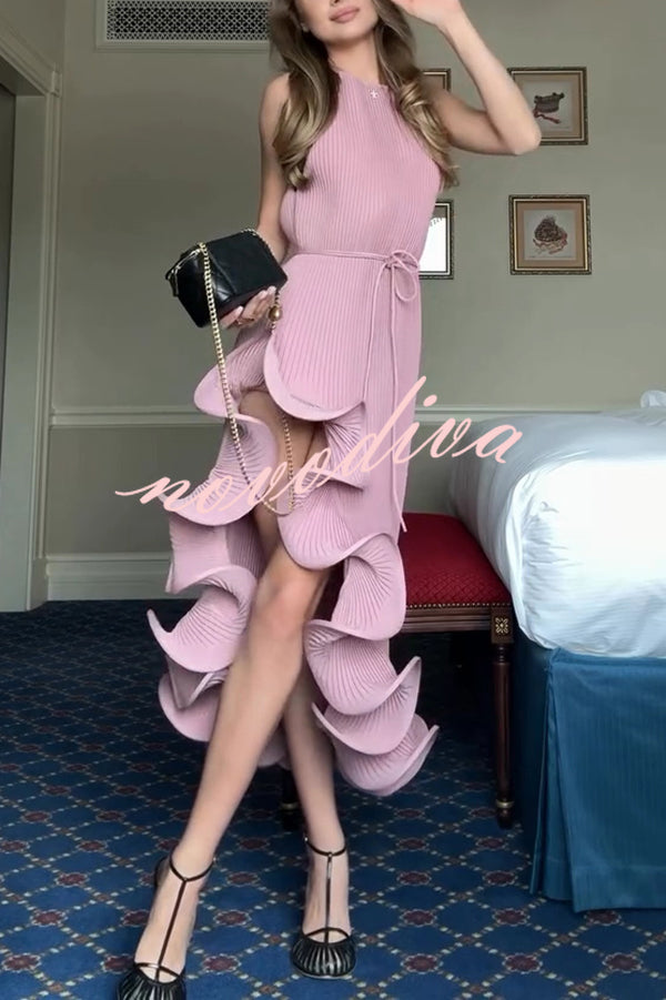 Solid Color Sleeveless Waist Tie Irregular Ruffle Slim Midi Dress