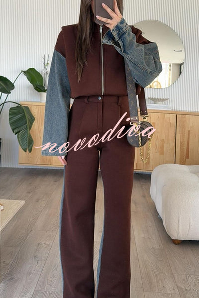 Sports Fashion Denim Patchwork Sweatshirt Fabric High Rise Pocket Loose Pants
