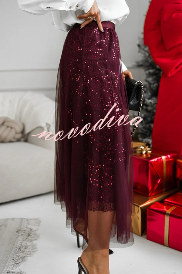 Party Daydream Sequin Tulle High Rise Elastic Waist Maxi Skirt