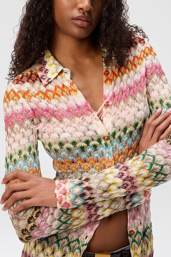 Anna Knit Colorful Herringbone Print Shirt Neck Button Long Sleeve Slim-fit Long Cardigan
