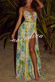 Resort Style Printed Starfish Brooch Cutout Ruched Slit Maxi Dress