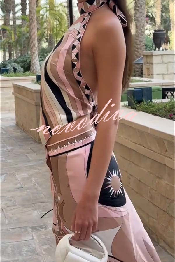 Anzio Satin Unique Print Halter Tie-up Tank and Irregular Hem Mini Skirt Set