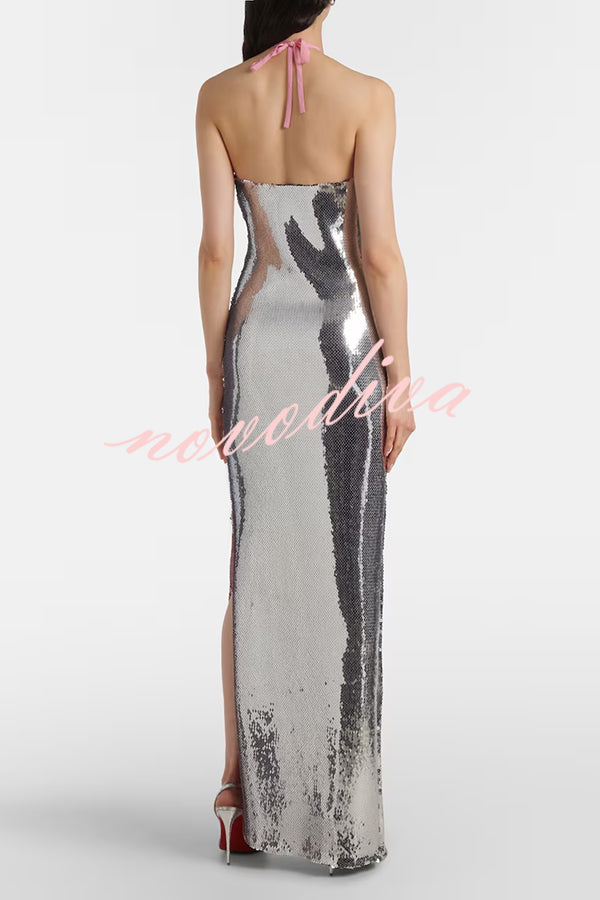 Moonlit Blooms Sequin Floral-appliqué Halter Neck Slit Gown Maxi Dress