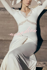 Fashion Lace Splicing Sexy V-neck Long-sleeved Slim Maxi Dress