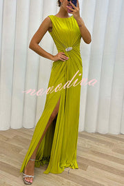 Pretty Special Pleated Embellished Slit Evening Maxi Dress