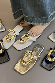 Versatile Square Toe Thong Casual Flat Metal Buckle Sandals