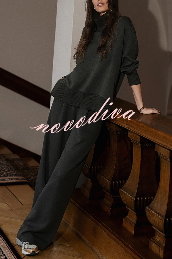 Barker High-Neck Long Sleeve Side Zipper Sweatshirt and Elastic Waist Pocketed Loose Pants Set