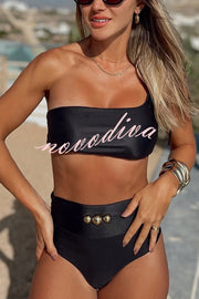 Solid Color One-shoulder High Waist Stretch Bikini Swimsuit