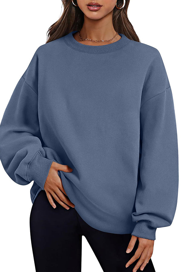 Solid Color Round Neck Pocket Loose Warm Long Sleeve Sweatshirt