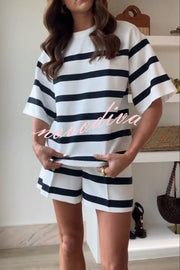 Logbook Stripe Button Shoulder T-Shirt and High-Rise Pocketed Loose  Shorts Set