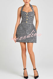 Mila Check Bouclé-tweed Fabric Halter Sweetheart Neck Gold Button Pocketed Mini Dress