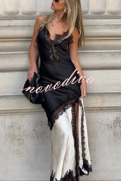 Soft and Romantic Satin Lace Trim Colorblock V-neck Side Slit Maxi Dress