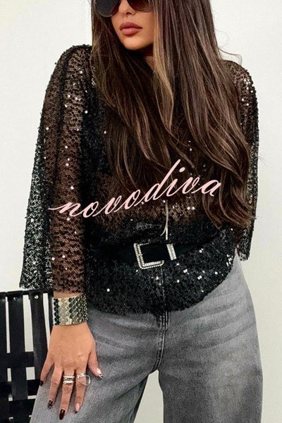 Shine Everywhere Sequin Mesh Half Sleeve Shift Blouse