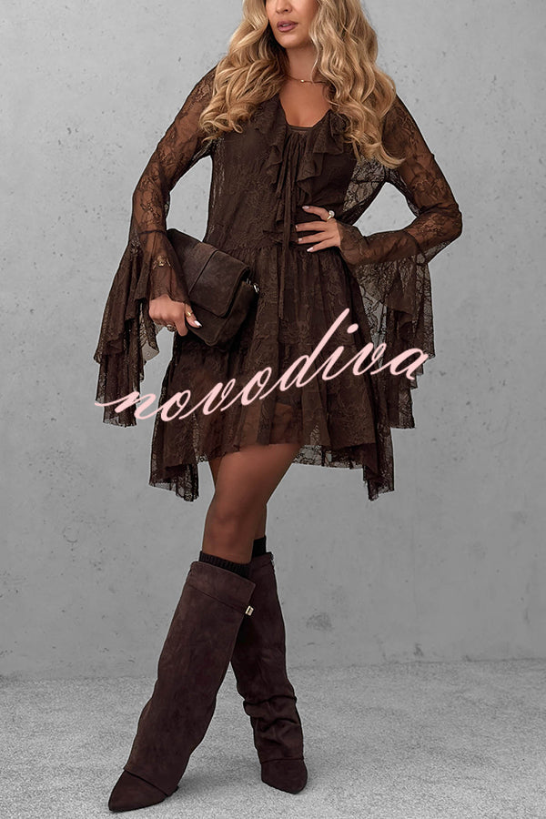 Feeling Lighthearted Lace Ruffle Neck Bell Sleeve Layered Hem A-line Mini Dress