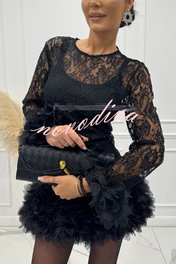 Alyssa Lace Fabric Tulle Layered Petals Trim Long Sleeve Mini Dress