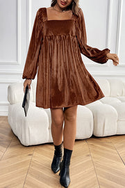 Solid Color Velvet Square Neck Long Sleeve Pocket Casual Mini Dress