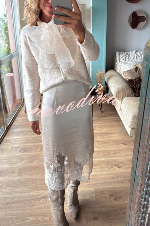 Lola Satin Lace Trim High Rise Side Zipper Loose Midi Skirt