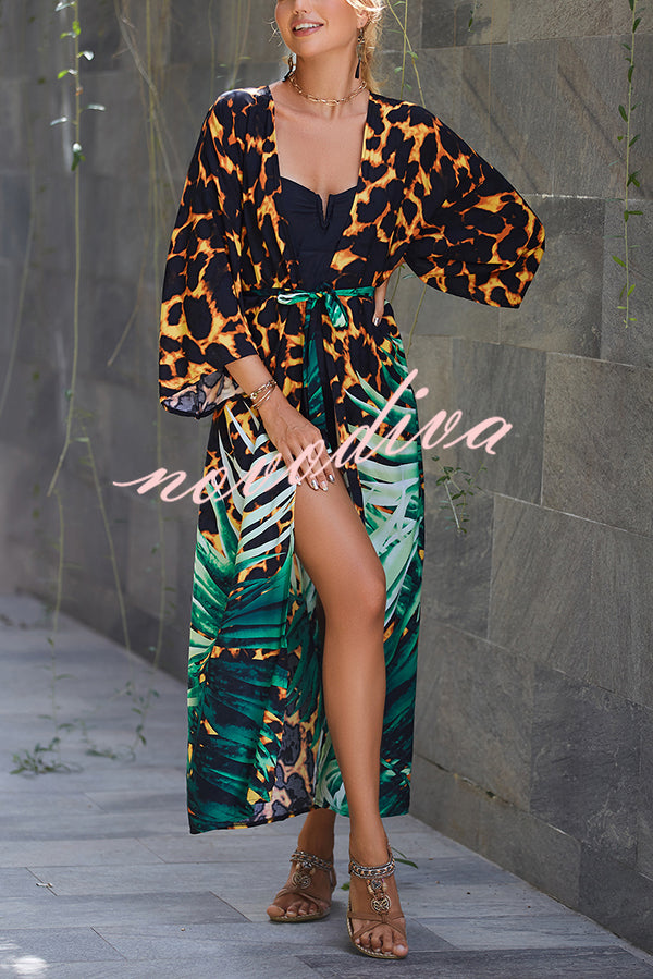 Unique Print Loose Lace Up Holiday Maxi Cover Up