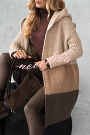 Fashionable Knit Patchwork Color Long-sleeved Hooded Loose Mid-length Cardigan