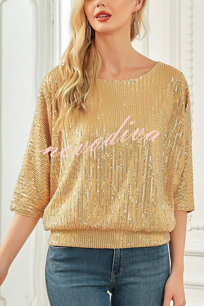 Solid Color Sequined Loose Round Neck Casual Top